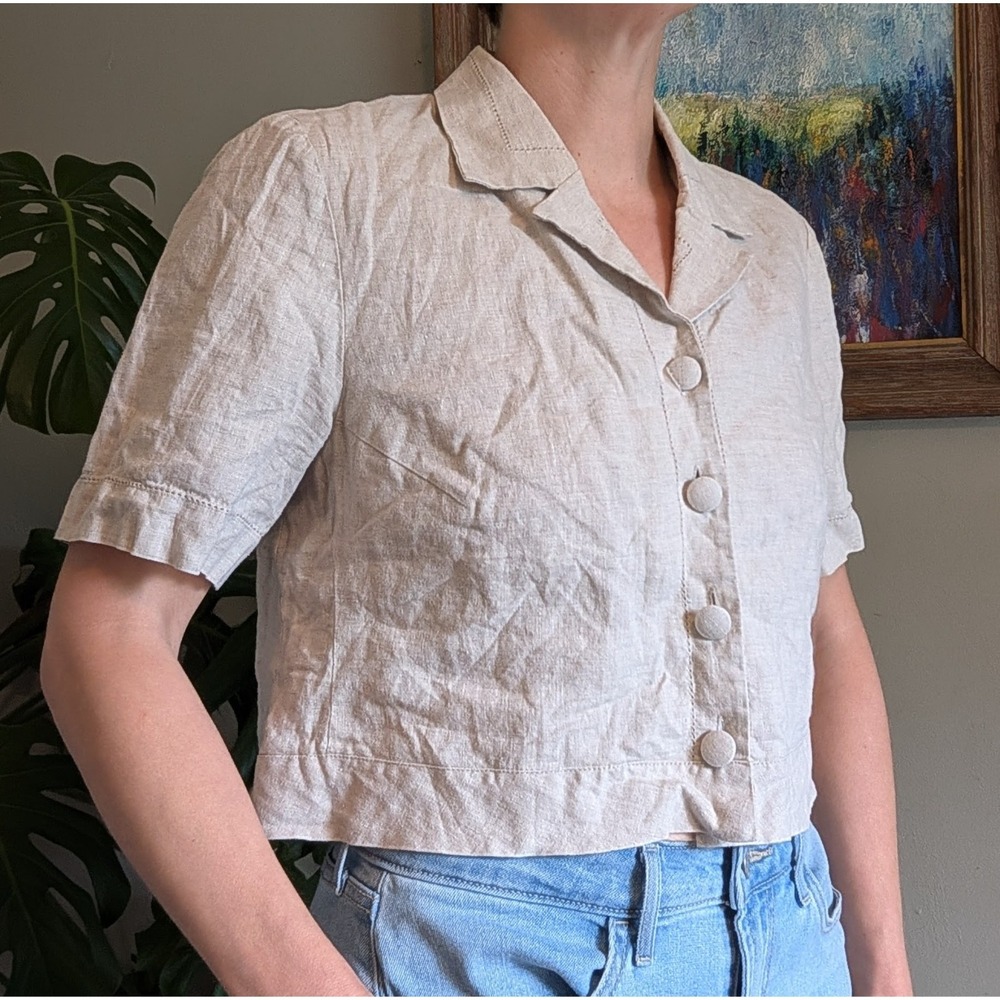 Vintage‎ 90s Talbots Linen Cropped Button Up Top Boxy Classic Natural Hippie